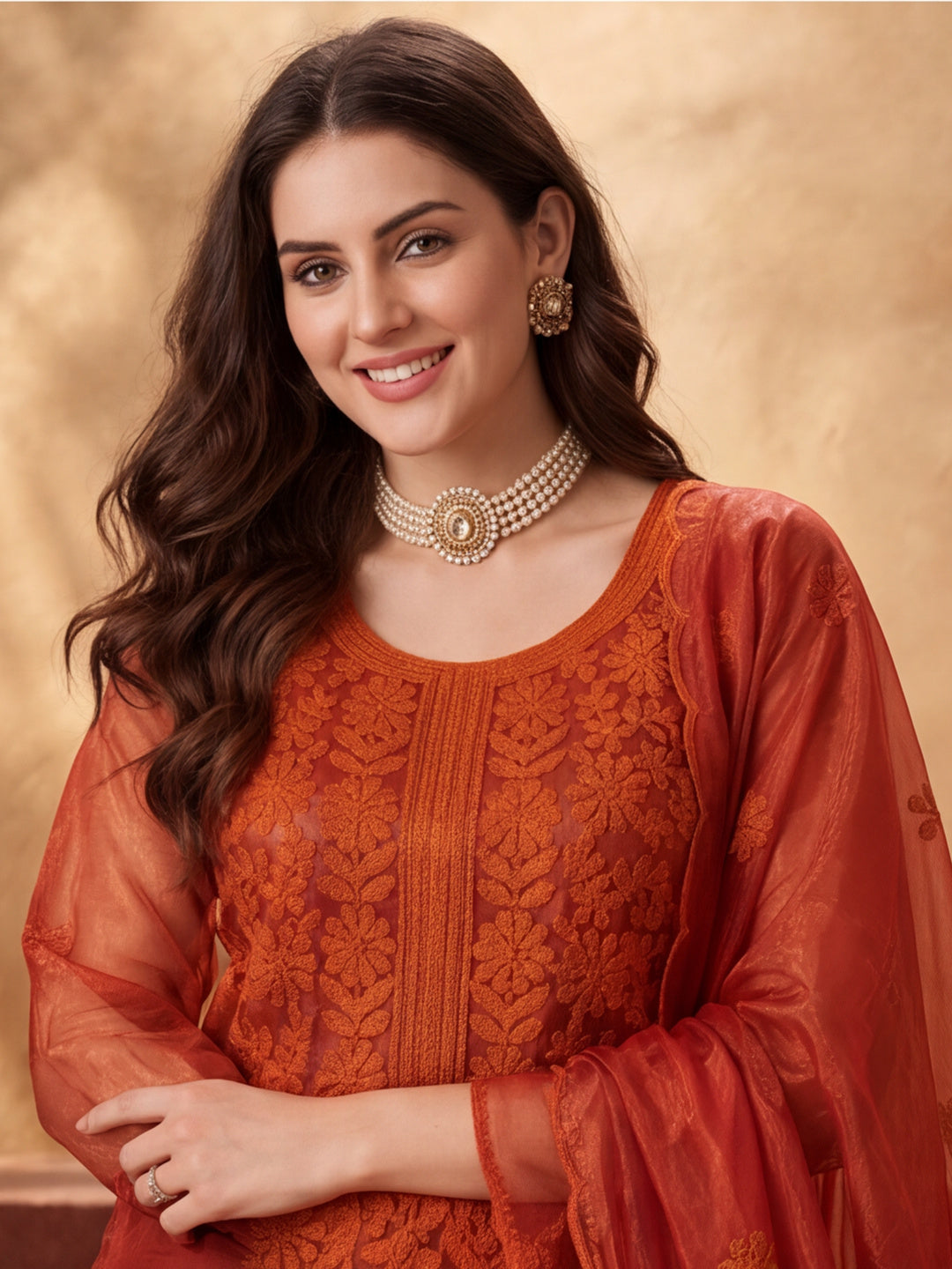 Women's Orange Embroidered Organza Kurta Set with Dupatta | Straight Ethnic Festive Wear Suit