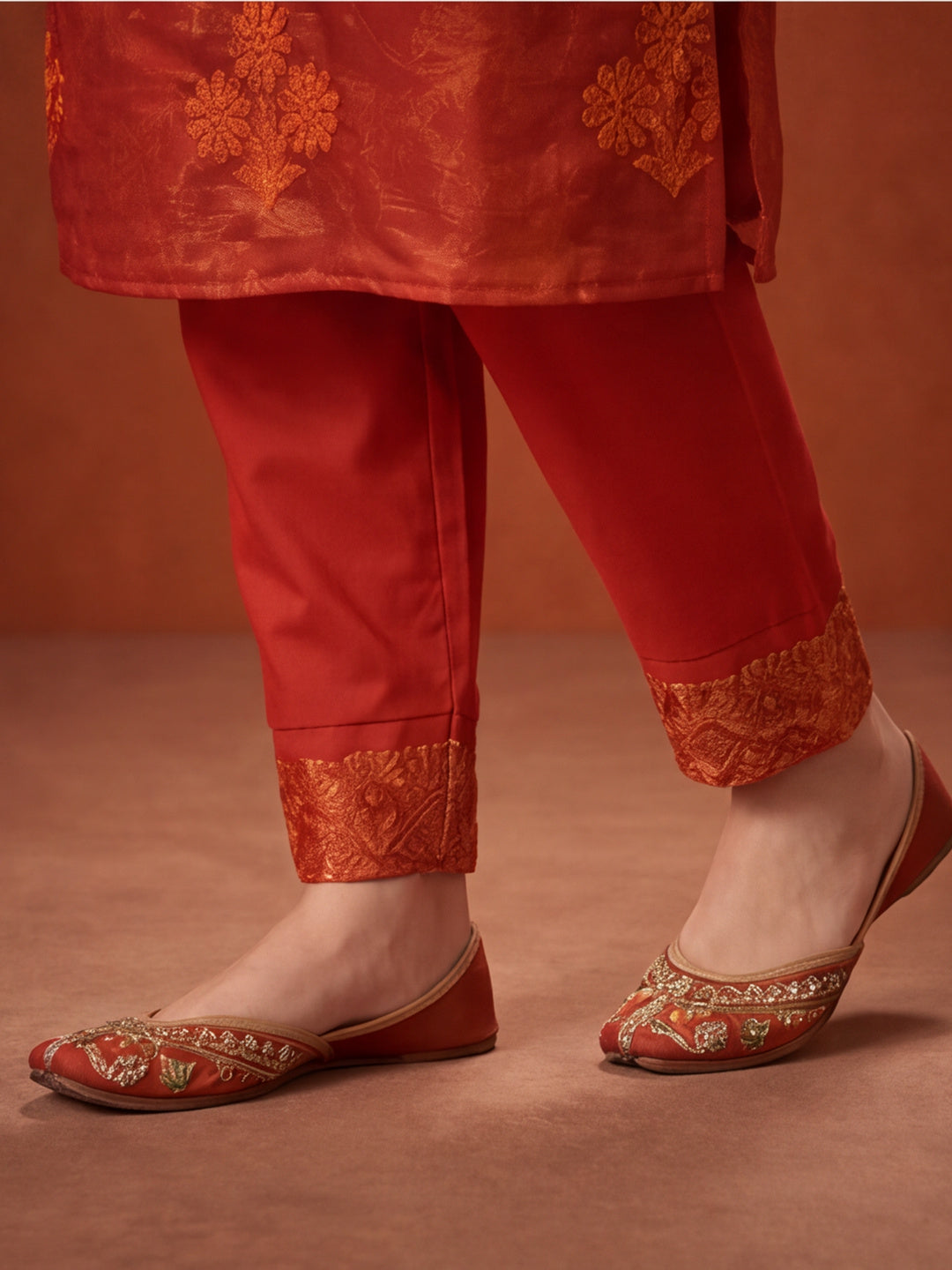 Women's Orange Embroidered Organza Kurta Set with Dupatta | Straight Ethnic Festive Wear Suit
