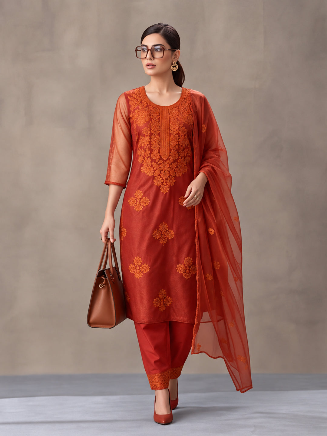 Women's Orange Embroidered Organza Kurta Set with Dupatta | Straight Ethnic Festive Wear Suit