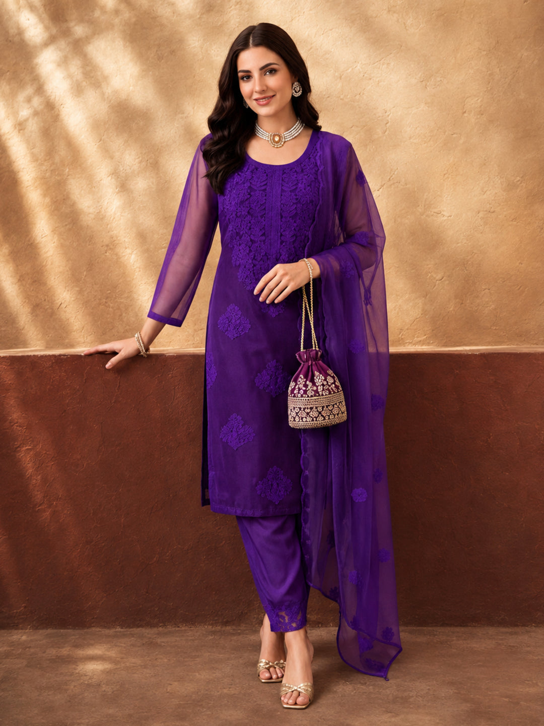 Women's Purple Embroidered Organza Kurta Set with Dupatta | Straight Ethnic Festive Wear Suit