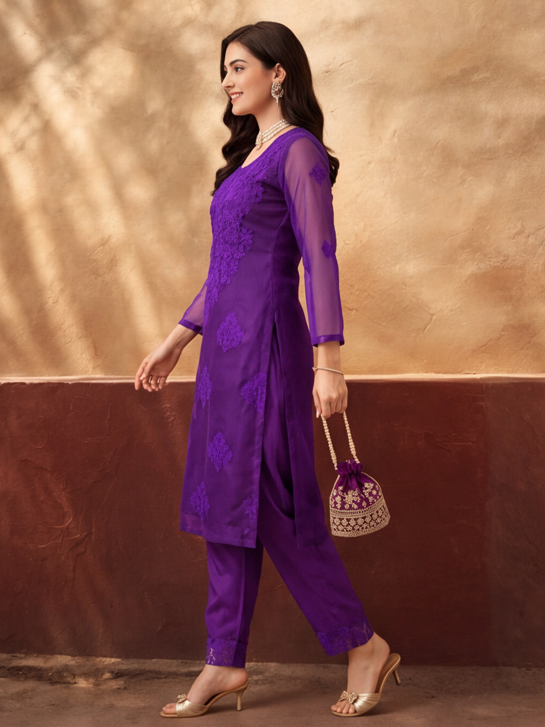 Women's Purple Embroidered Organza Kurta Set with Dupatta | Straight Ethnic Festive Wear Suit