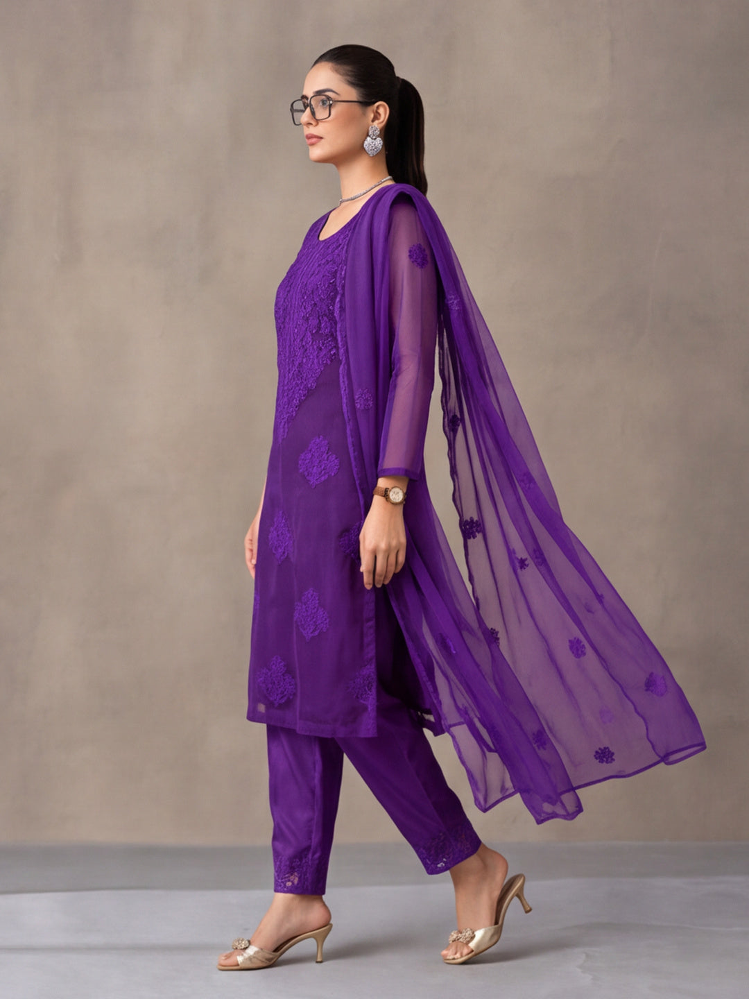 Women's Purple Embroidered Organza Kurta Set with Dupatta | Straight Ethnic Festive Wear Suit