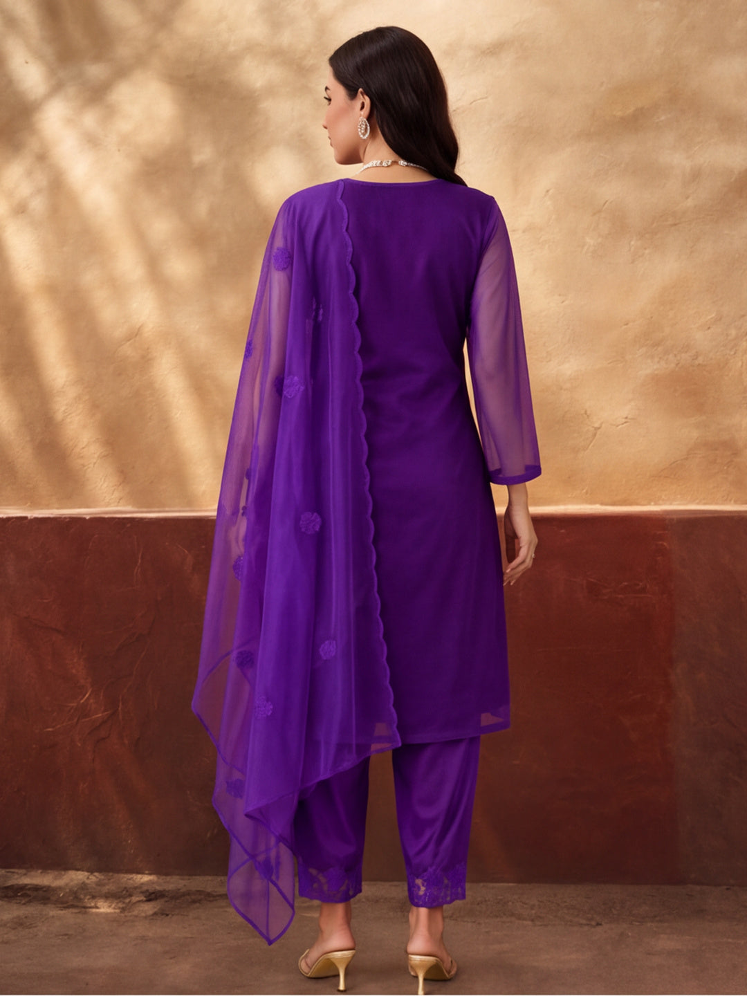 Women's Purple Embroidered Organza Kurta Set with Dupatta | Straight Ethnic Festive Wear Suit