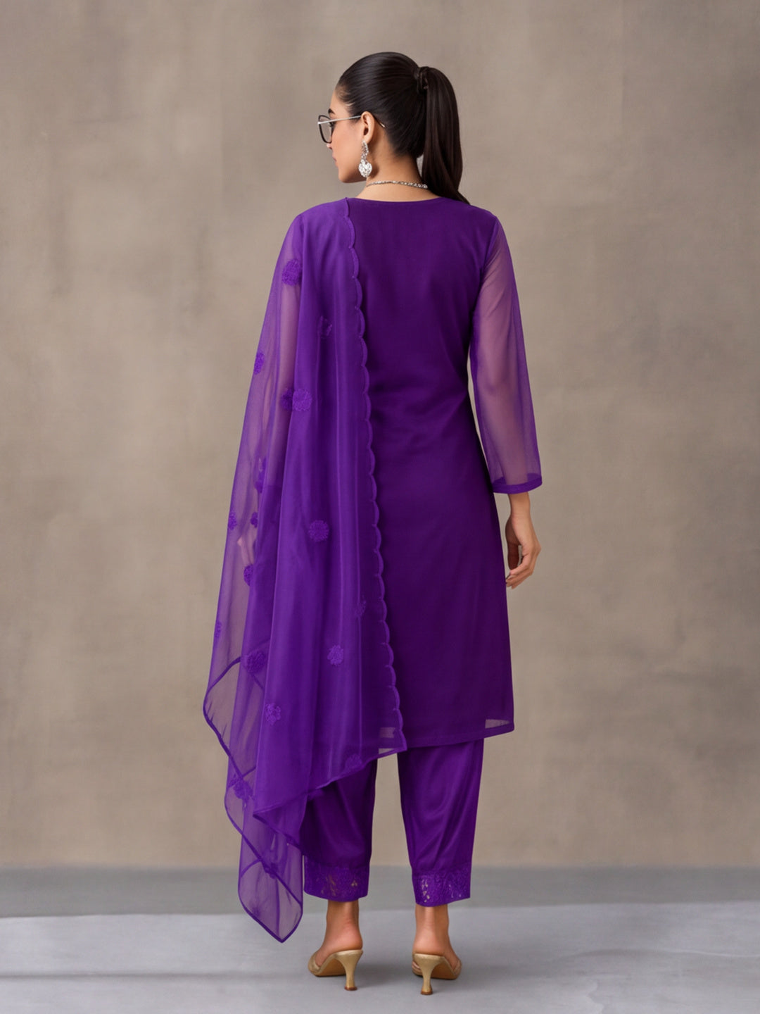 Women's Purple Embroidered Organza Kurta Set with Dupatta | Straight Ethnic Festive Wear Suit