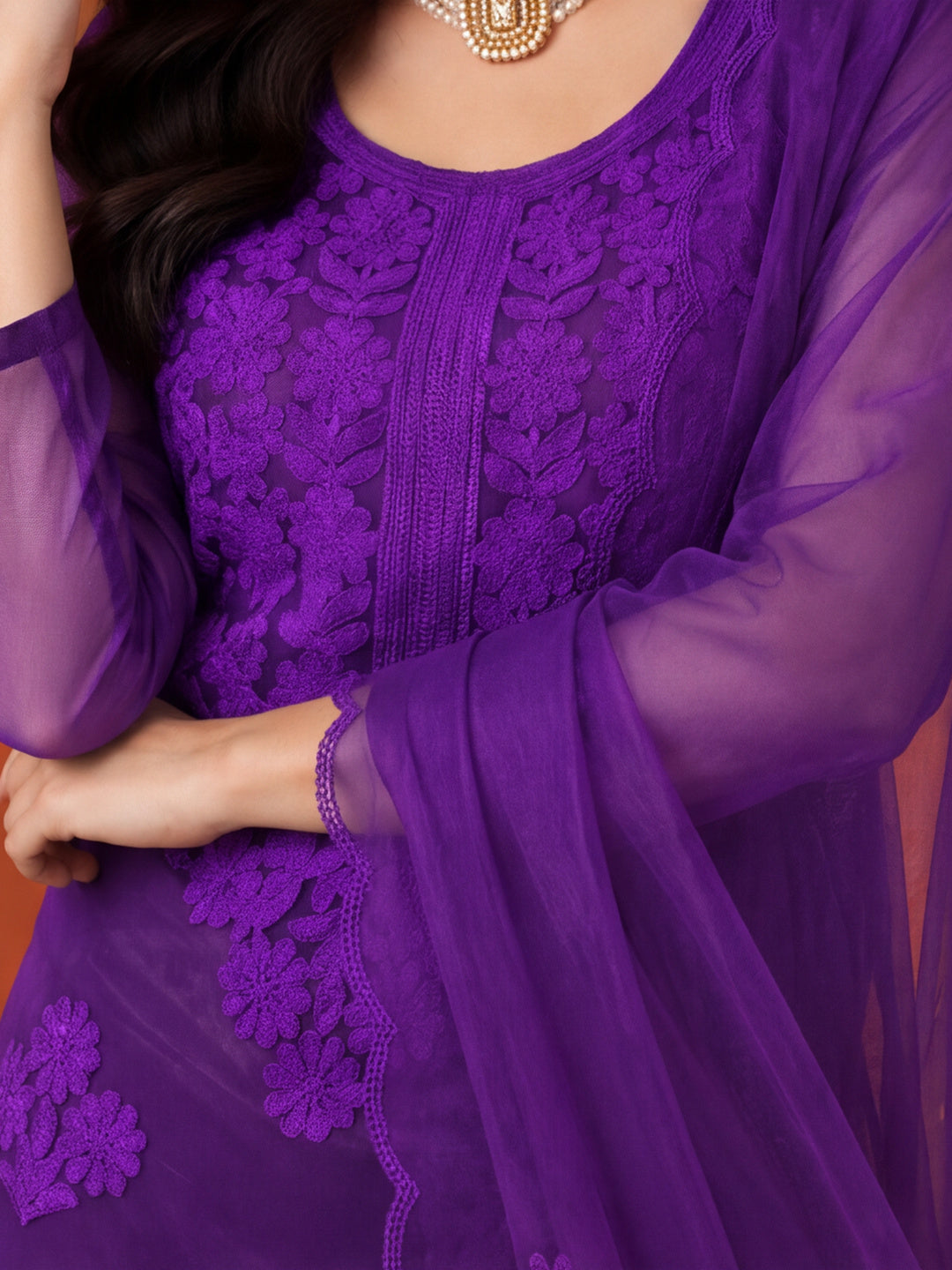 Women's Purple Embroidered Organza Kurta Set with Dupatta | Straight Ethnic Festive Wear Suit