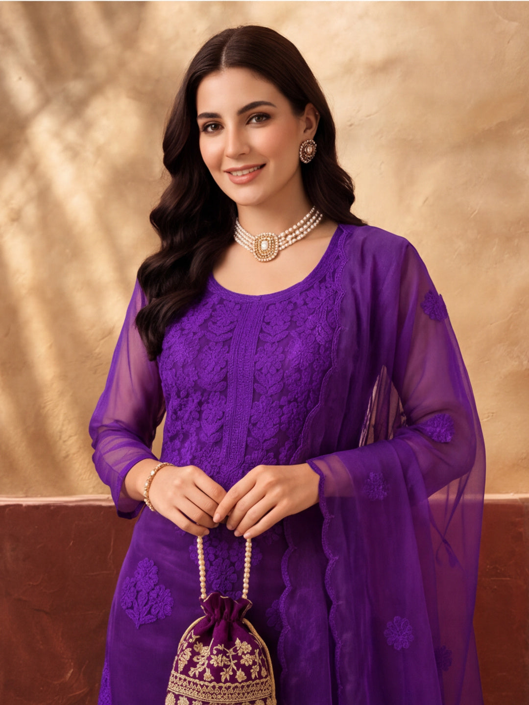 Women's Purple Embroidered Organza Kurta Set with Dupatta | Straight Ethnic Festive Wear Suit