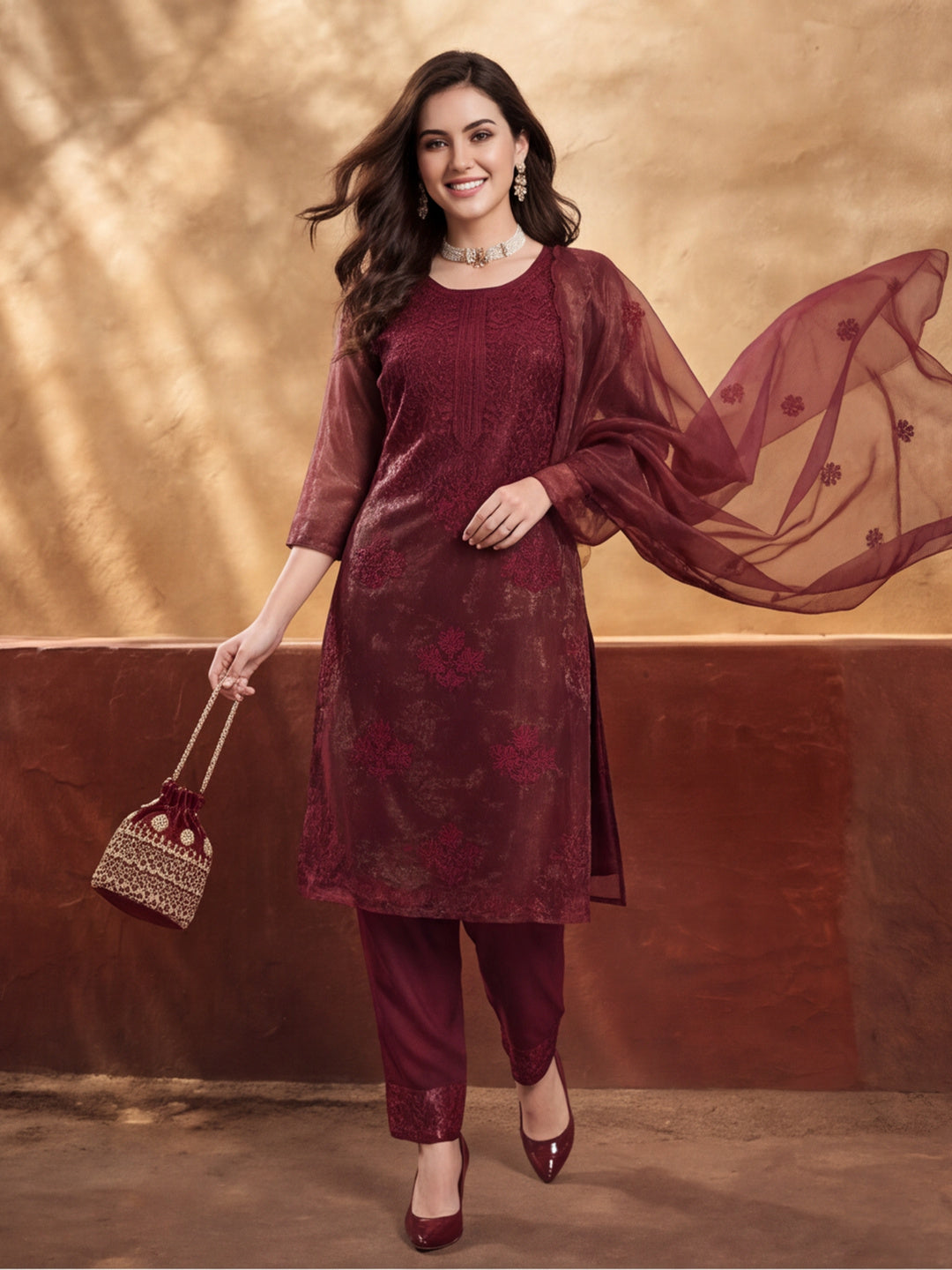 Women's Rust Embroidered Organza Kurta Set with Dupatta | Straight Ethnic Festive Wear Suit