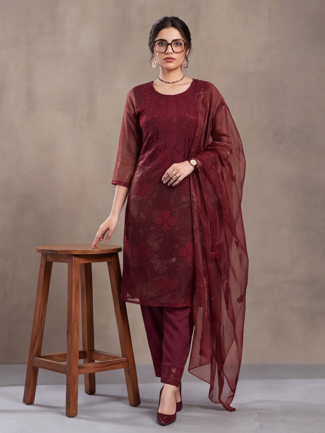 Women's Rust Embroidered Organza Kurta Set with Dupatta | Straight Ethnic Festive Wear Suit