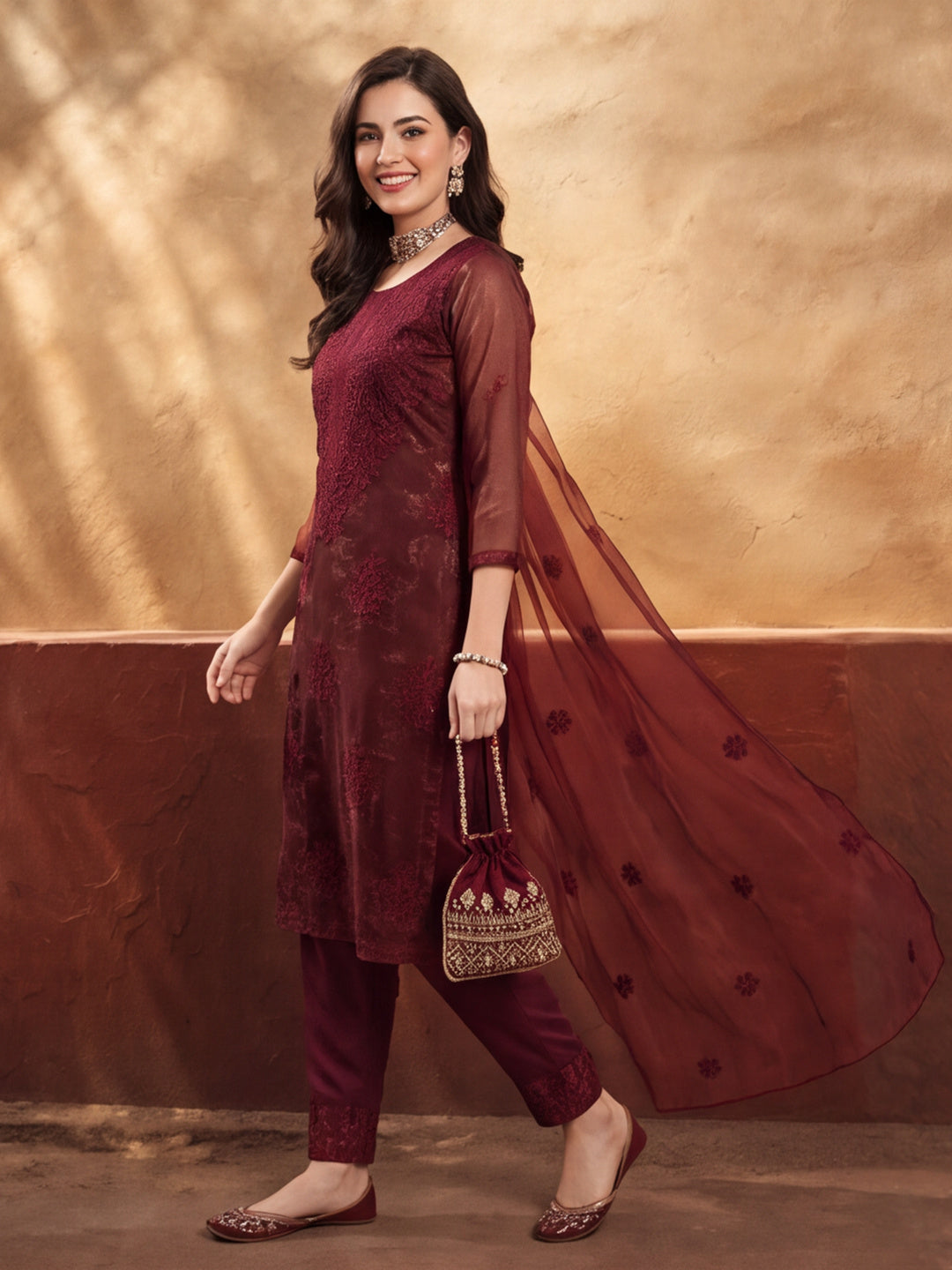 Women's Rust Embroidered Organza Kurta Set with Dupatta | Straight Ethnic Festive Wear Suit