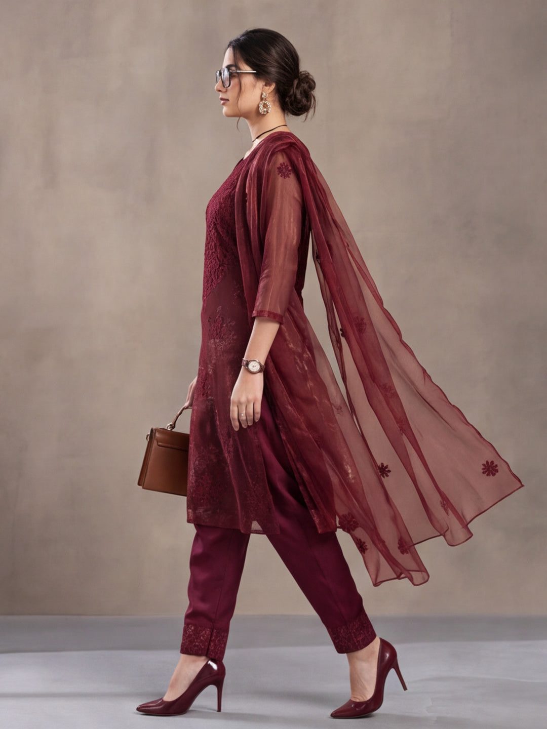 Women's Rust Embroidered Organza Kurta Set with Dupatta | Straight Ethnic Festive Wear Suit