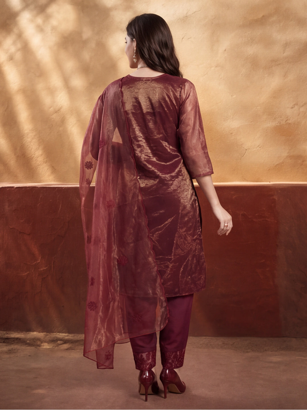 Women's Rust Embroidered Organza Kurta Set with Dupatta | Straight Ethnic Festive Wear Suit