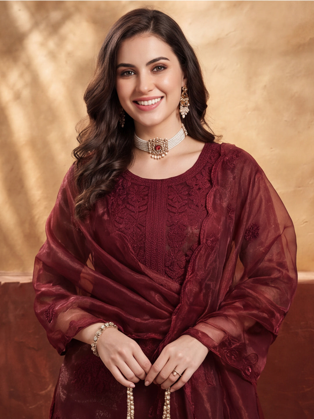 Women's Rust Embroidered Organza Kurta Set with Dupatta | Straight Ethnic Festive Wear Suit
