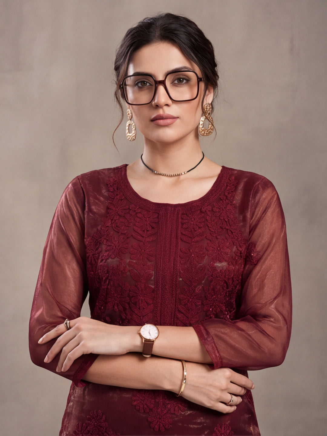 Women's Rust Embroidered Organza Kurta Set with Dupatta | Straight Ethnic Festive Wear Suit