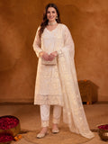 Women Floral Embroidery Cream Kurta Set with Dupatta