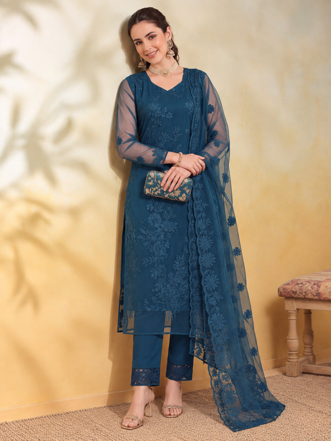 Women Floral Embroidery Teal Blue Kurta Set with Dupatta