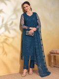 Women Floral Embroidery Teal Blue Kurta Set with Dupatta