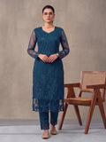 Women Floral Embroidery Teal Blue Kurta Set with Dupatta