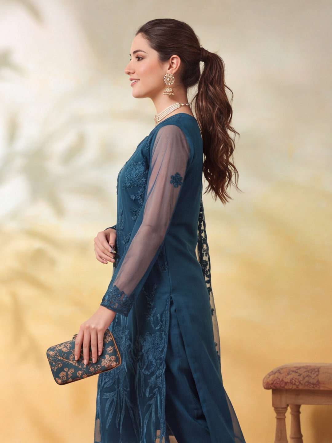Women Floral Embroidery Teal Blue Kurta Set with Dupatta