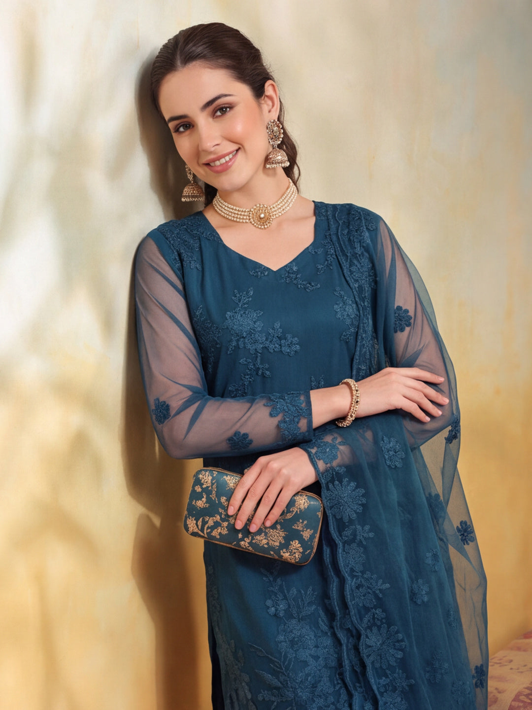 Women Floral Embroidery Teal Blue Kurta Set with Dupatta
