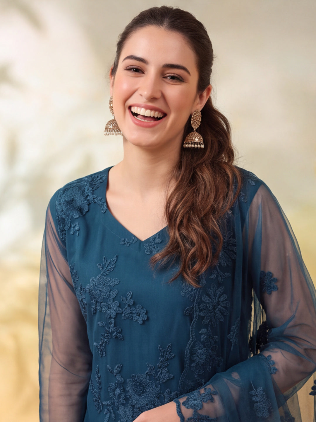 Women Floral Embroidery Teal Blue Kurta Set with Dupatta