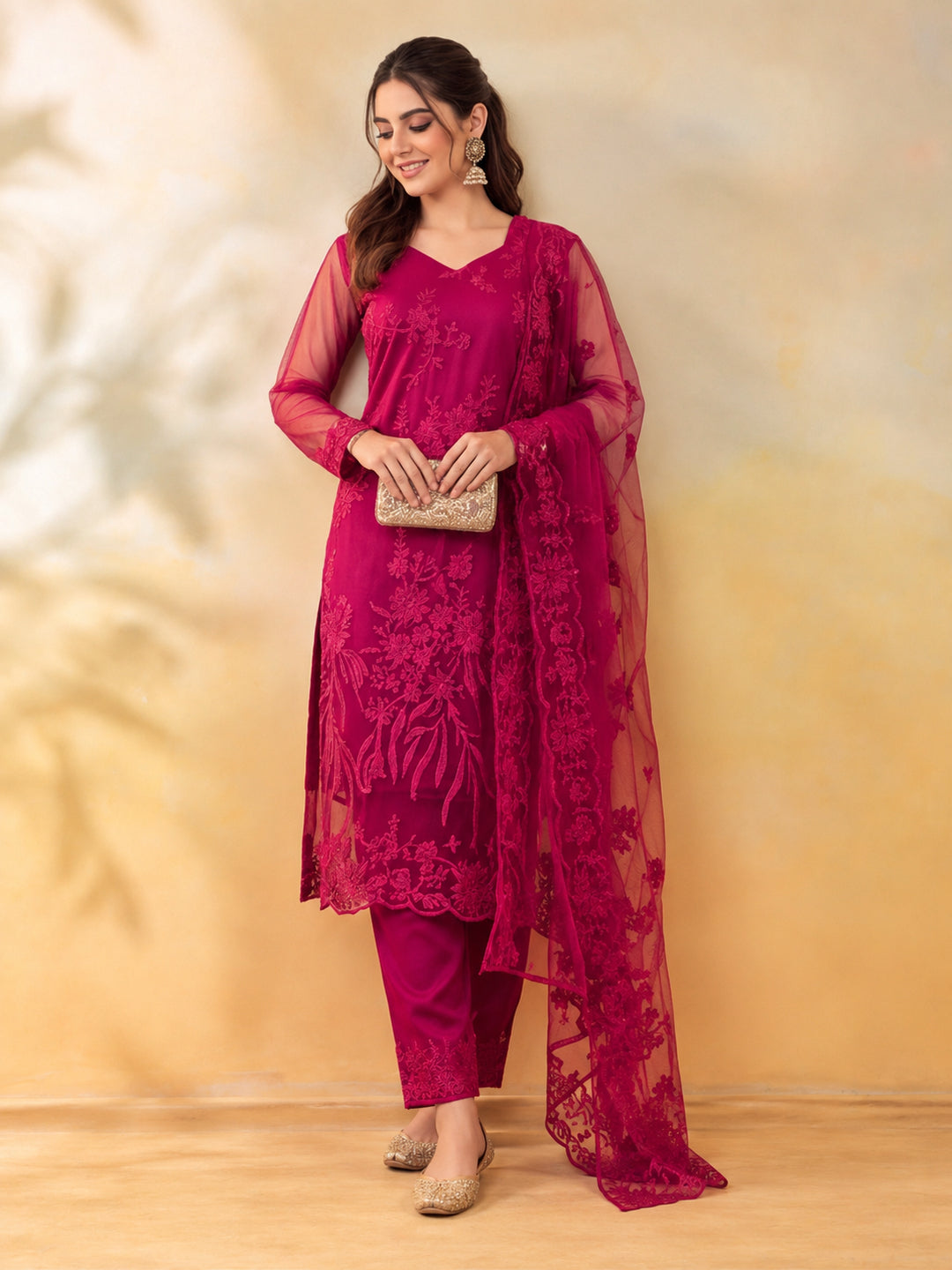 Women Floral Embroidery Rani Pink Kurta Set with Dupatta