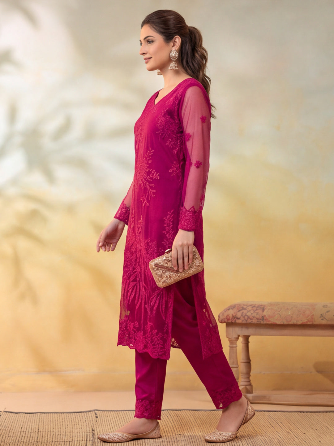 Women Floral Embroidery Rani Pink Kurta Set with Dupatta
