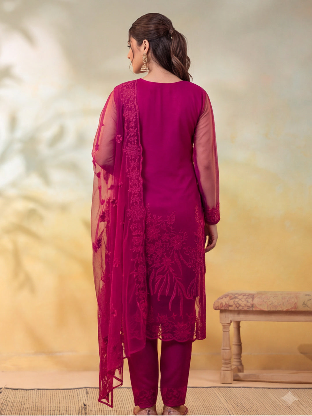 Women Floral Embroidery Rani Pink Kurta Set with Dupatta
