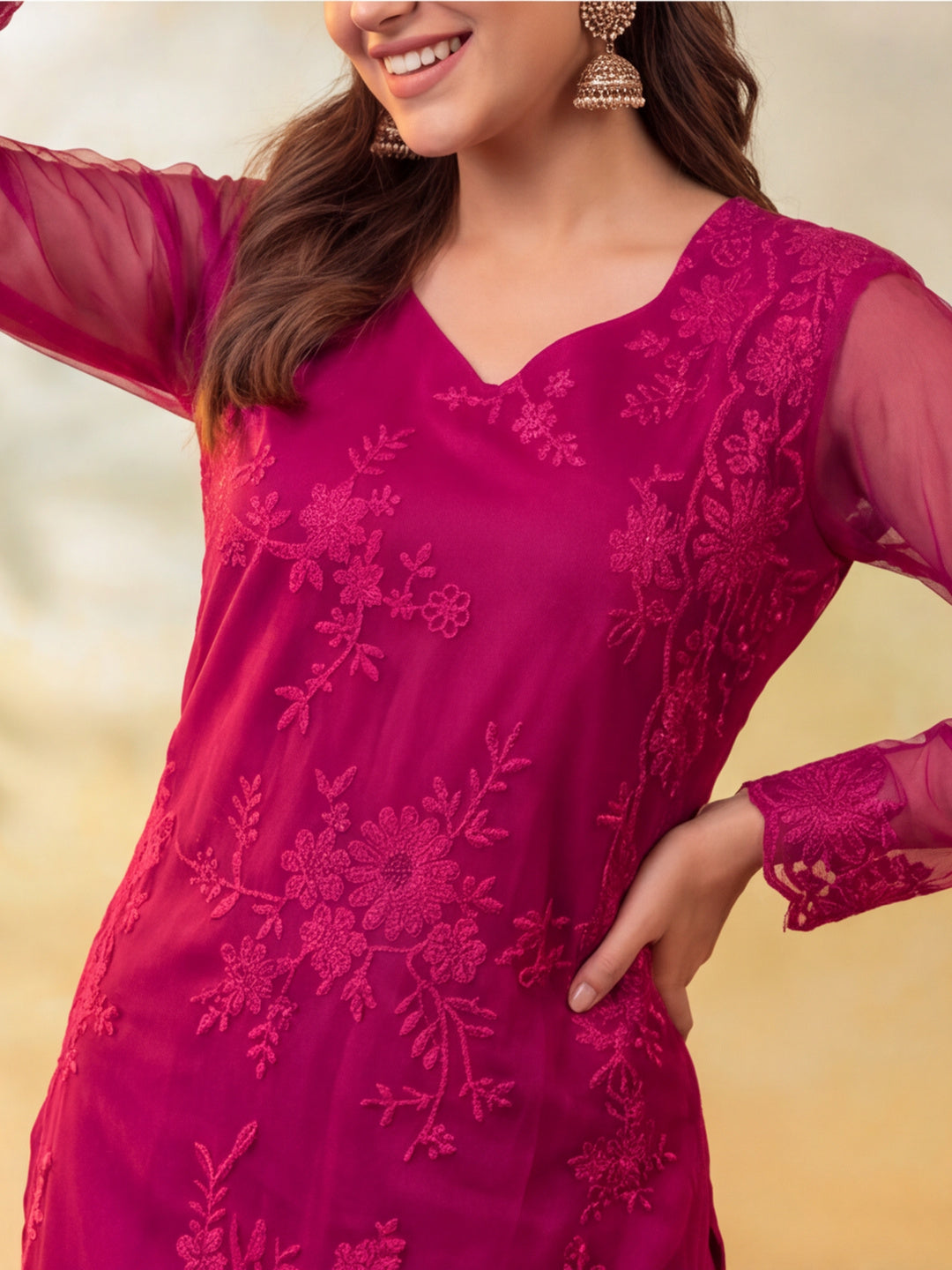 Women Floral Embroidery Rani Pink Kurta Set with Dupatta