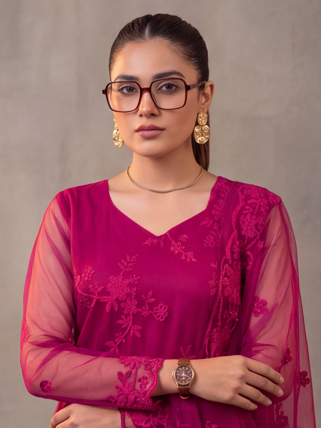 Women Floral Embroidery Rani Pink Kurta Set with Dupatta