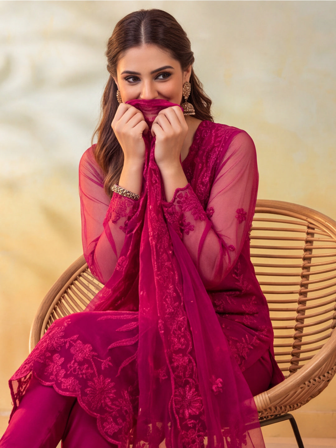Women Floral Embroidery Rani Pink Kurta Set with Dupatta