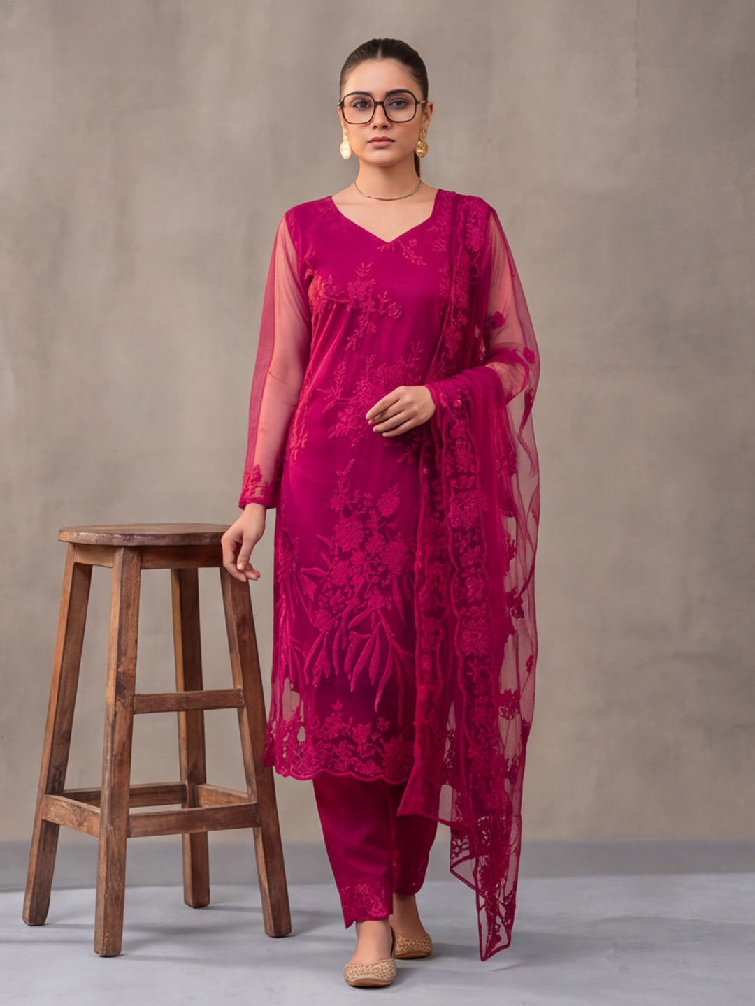 Women Floral Embroidery Rani Pink Kurta Set with Dupatta