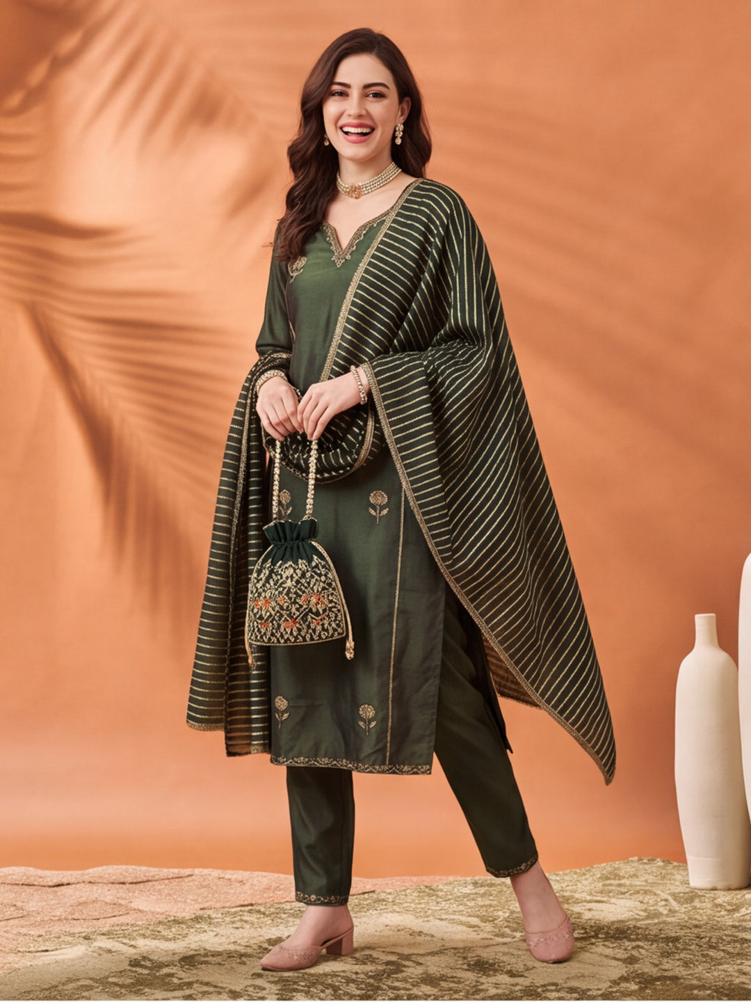Women's Brown Embroidered Kurta Set with Striped Dupatta | Straight Ethnic Festive Wear Suit