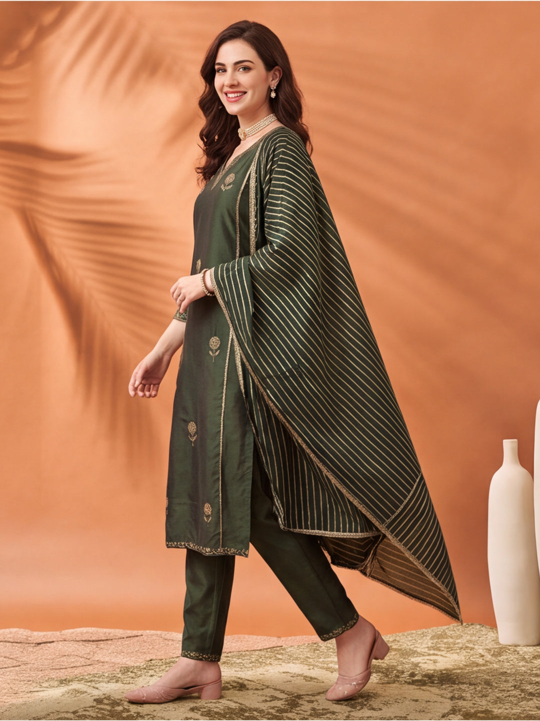 Women's Brown Embroidered Kurta Set with Striped Dupatta | Straight Ethnic Festive Wear Suit