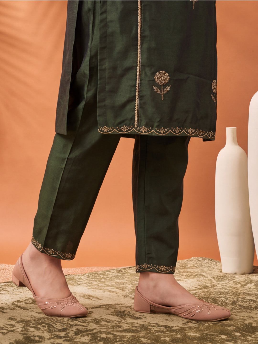 Women's Brown Embroidered Kurta Set with Striped Dupatta | Straight Ethnic Festive Wear Suit