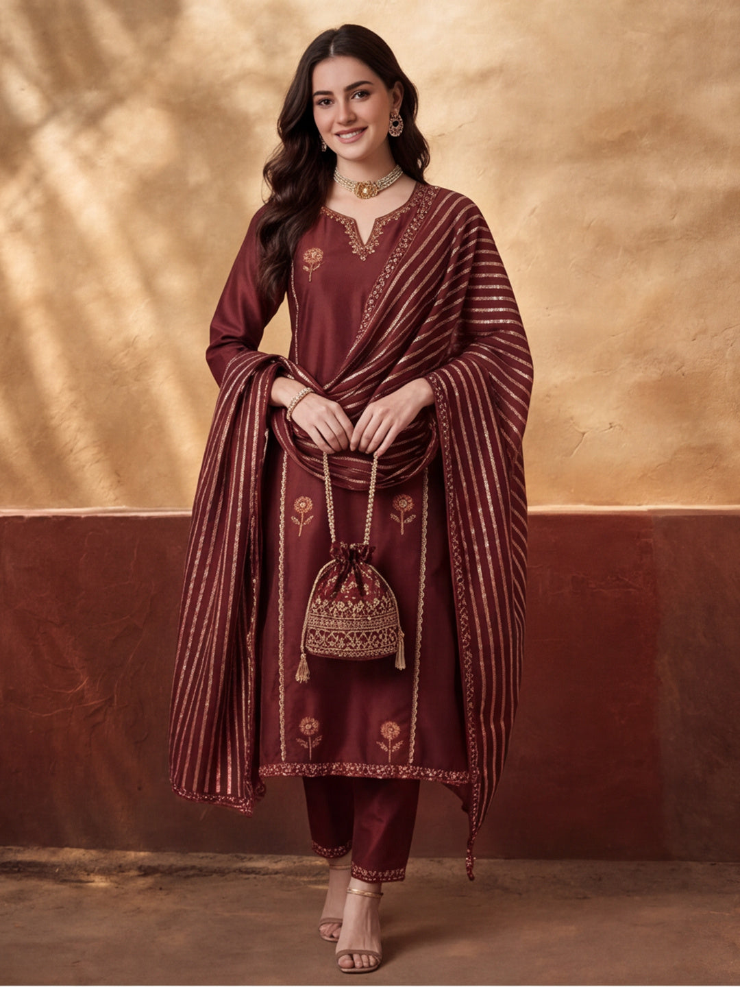 Women's Brown Embroidered Kurta Set with Striped Dupatta | Straight Ethnic Festive Wear Suit