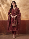 Women's Brown Embroidered Kurta Set with Striped Dupatta | Straight Ethnic Festive Wear Suit