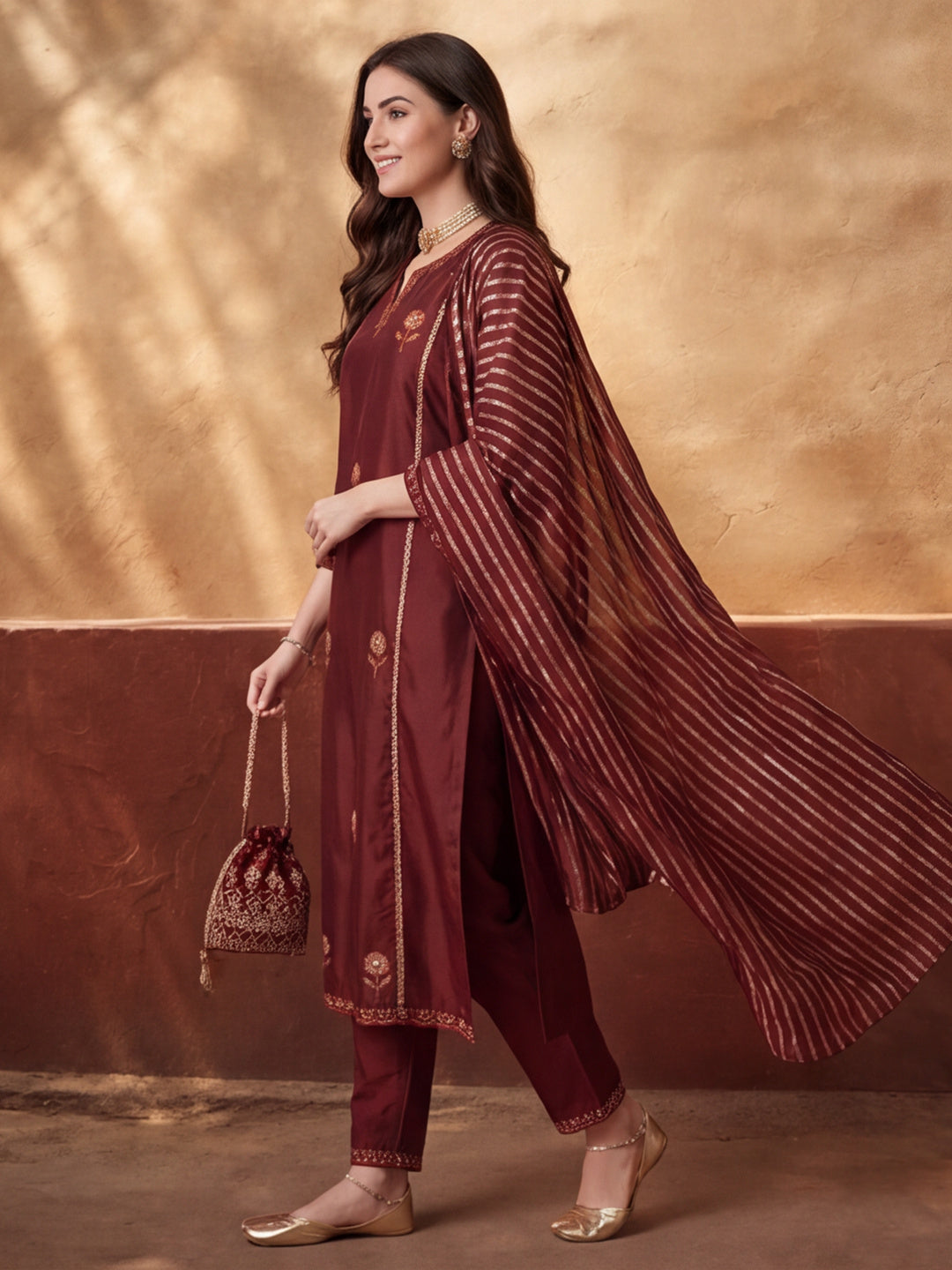 Women's Brown Embroidered Kurta Set with Striped Dupatta | Straight Ethnic Festive Wear Suit