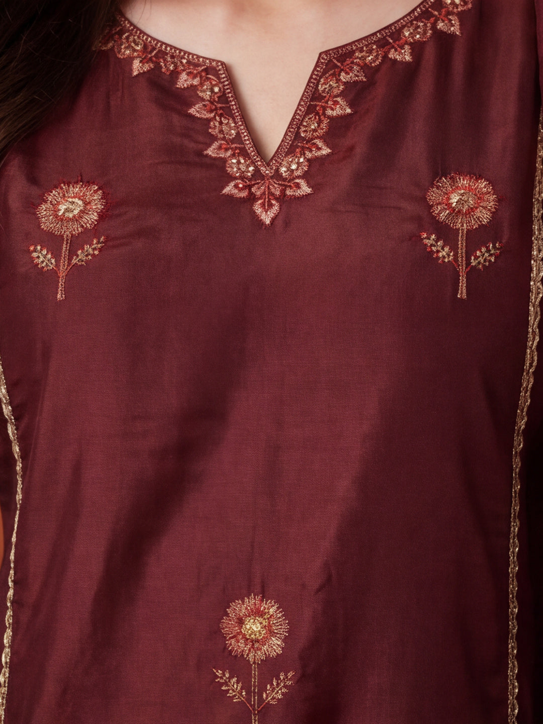 Women's Brown Embroidered Kurta Set with Striped Dupatta | Straight Ethnic Festive Wear Suit