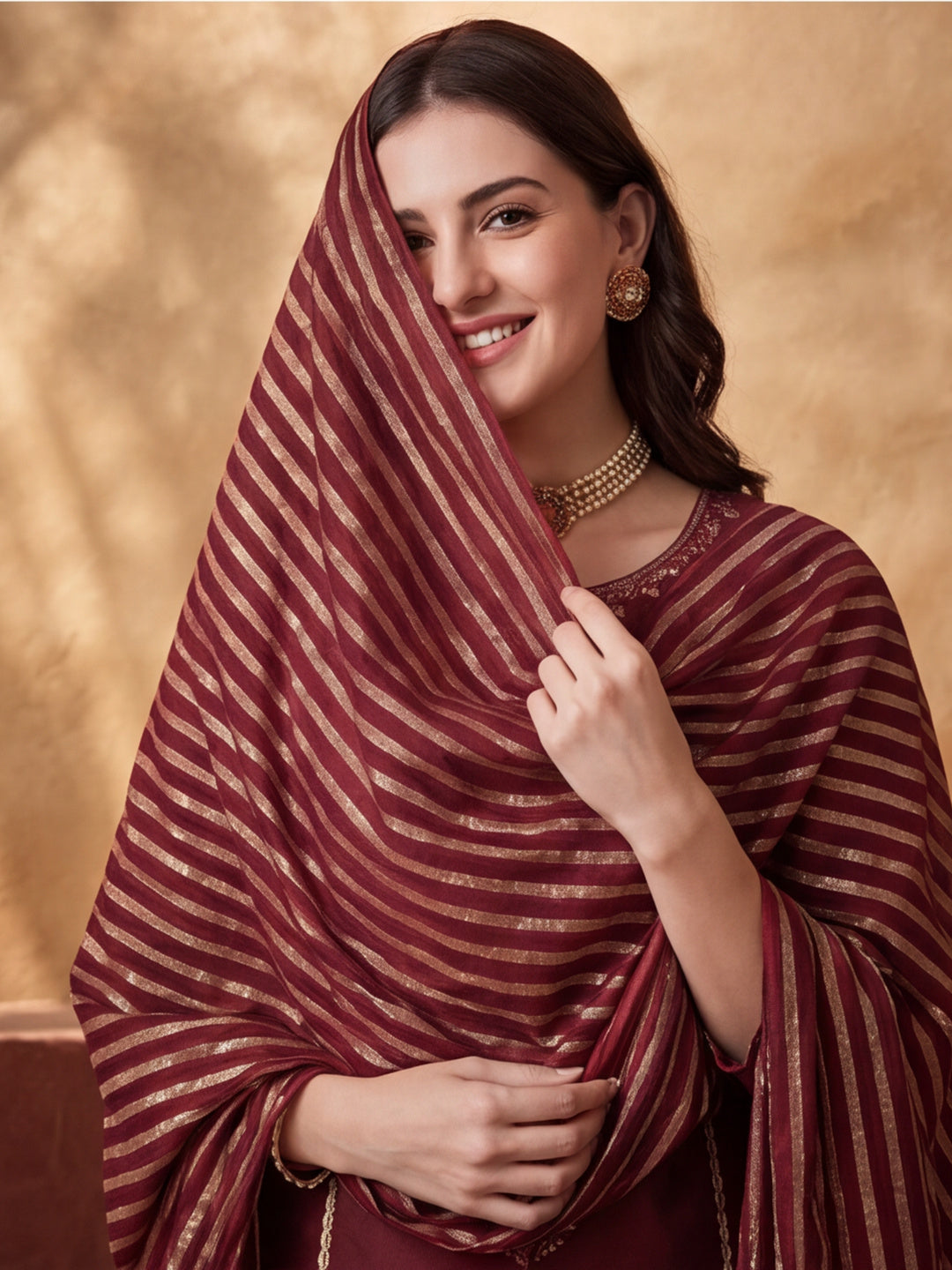 Women's Brown Embroidered Kurta Set with Striped Dupatta | Straight Ethnic Festive Wear Suit
