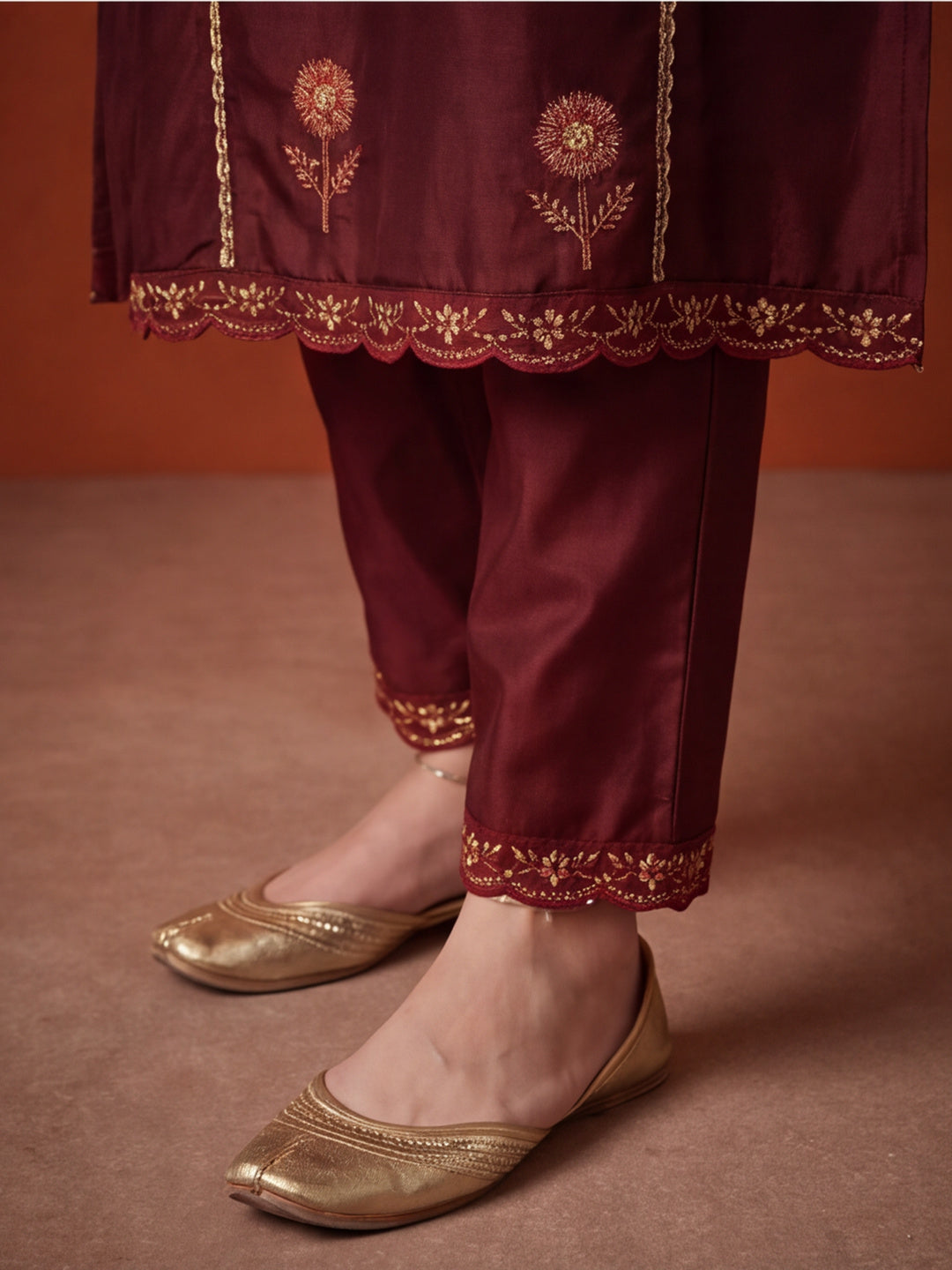 Women's Brown Embroidered Kurta Set with Striped Dupatta | Straight Ethnic Festive Wear Suit