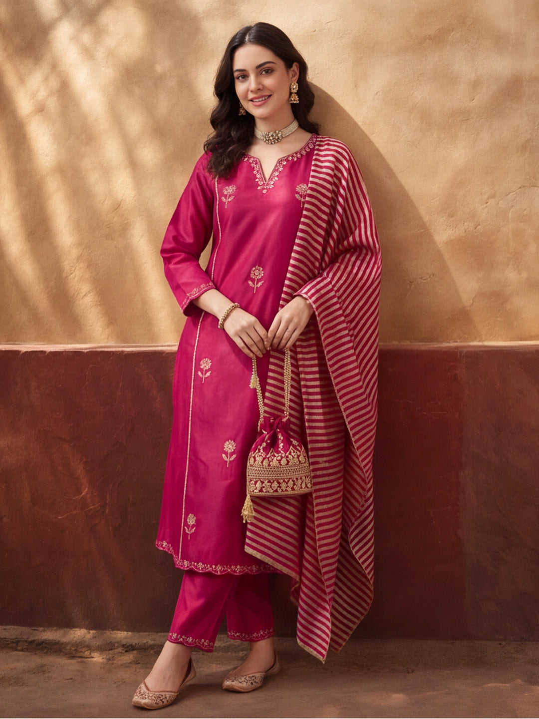 Women's Brown Embroidered Kurta Set with Striped Dupatta | Straight Ethnic Festive Wear Suit
