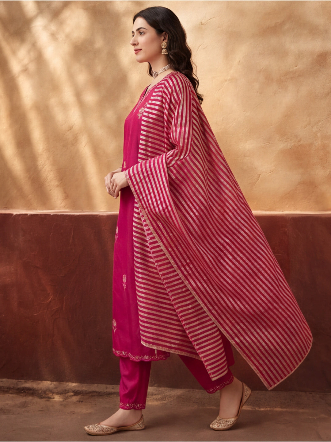 Women's Brown Embroidered Kurta Set with Striped Dupatta | Straight Ethnic Festive Wear Suit