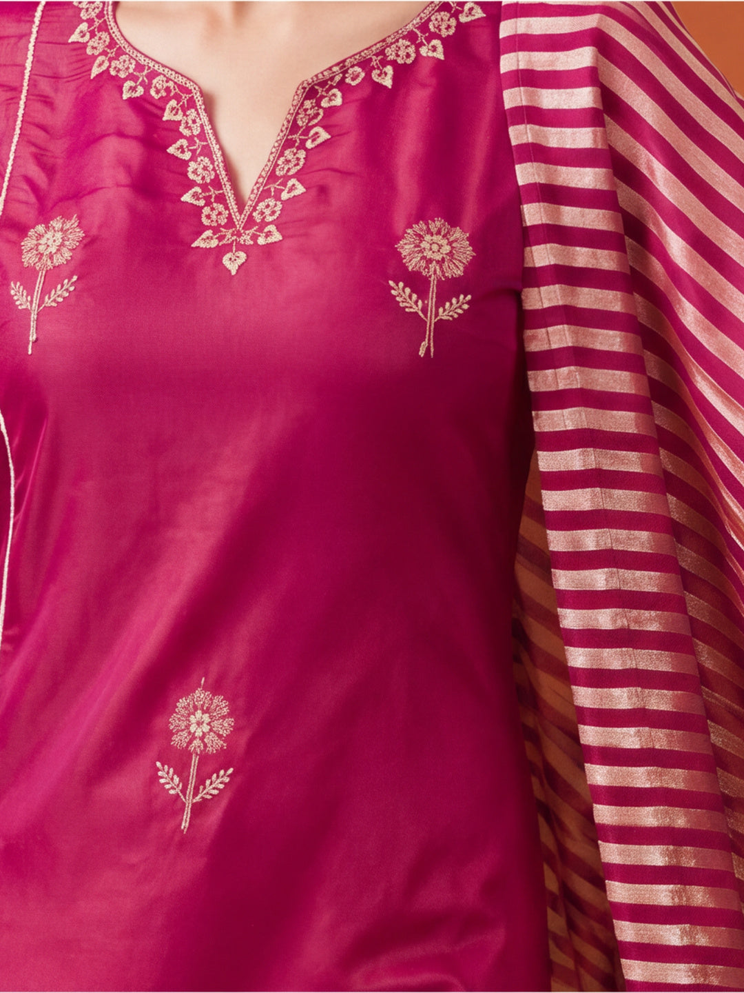 Women's Brown Embroidered Kurta Set with Striped Dupatta | Straight Ethnic Festive Wear Suit