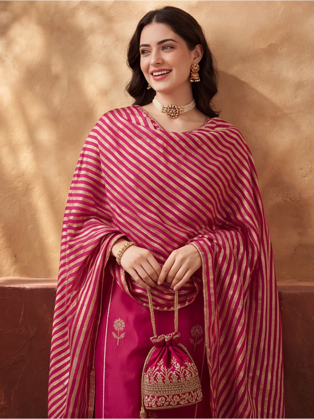 Women's Brown Embroidered Kurta Set with Striped Dupatta | Straight Ethnic Festive Wear Suit