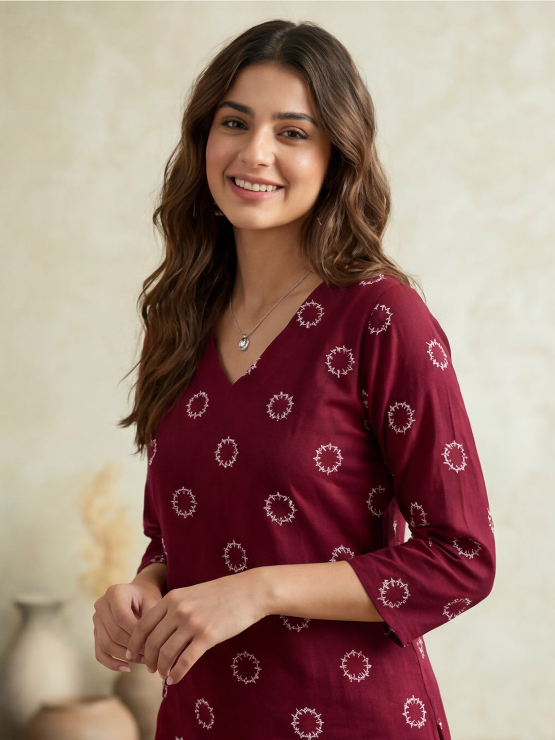 Women's V-Neck Printed Straight Three-Quarter Sleeves Cotton Short Kurti