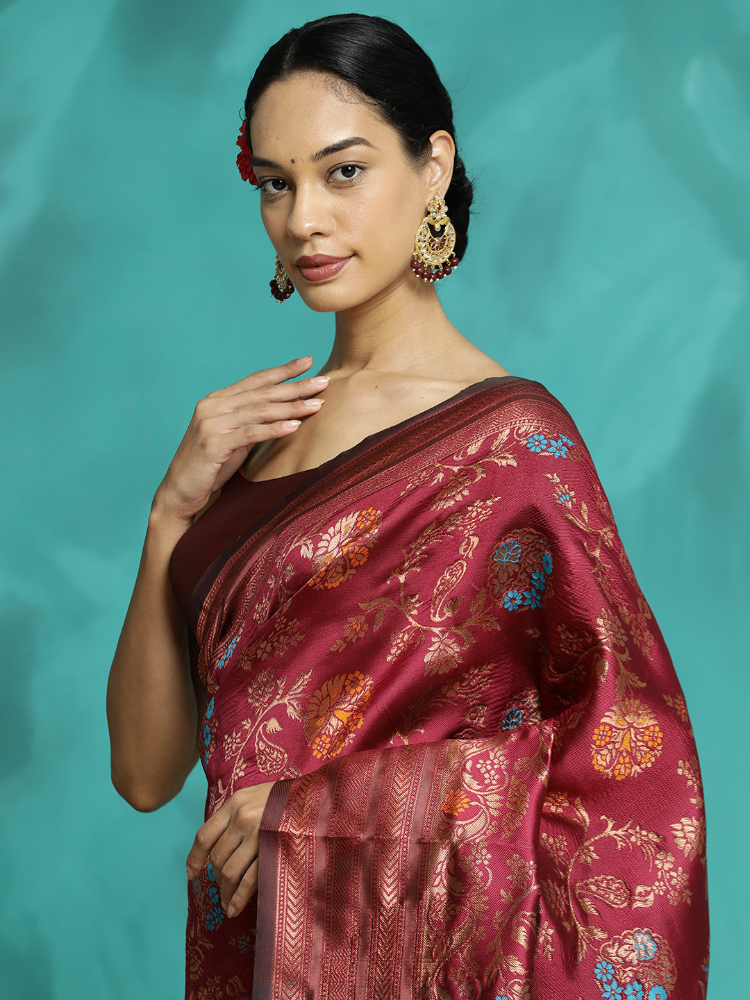 Burgundy Heavy Zari Woven Banarasi Saree