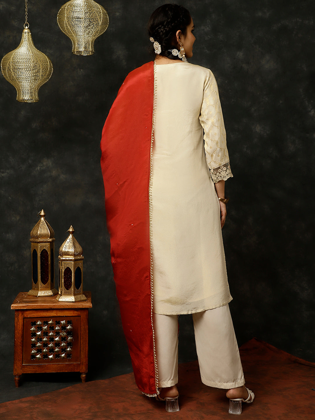 Beige Bead Work Straight Kurta With Pants And Dupatta