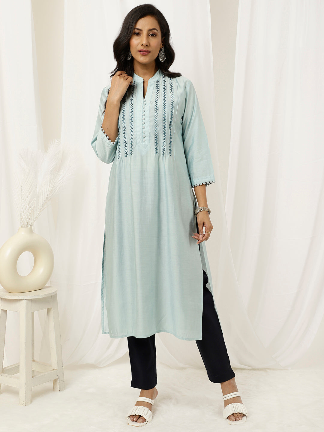 Embroidered Light Blue Pintuck Straight Kurta