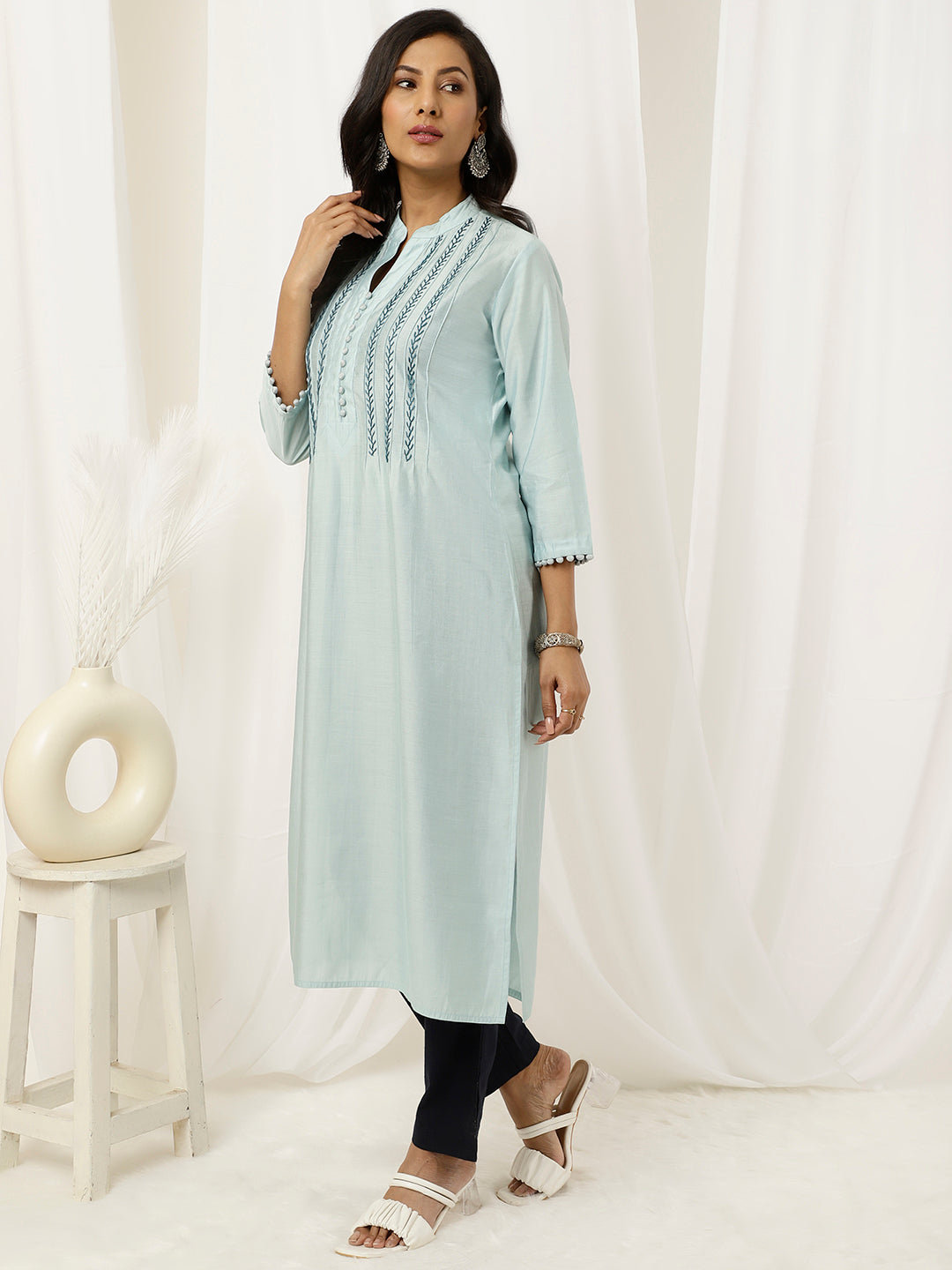 Embroidered Light Blue Pintuck Straight Kurta