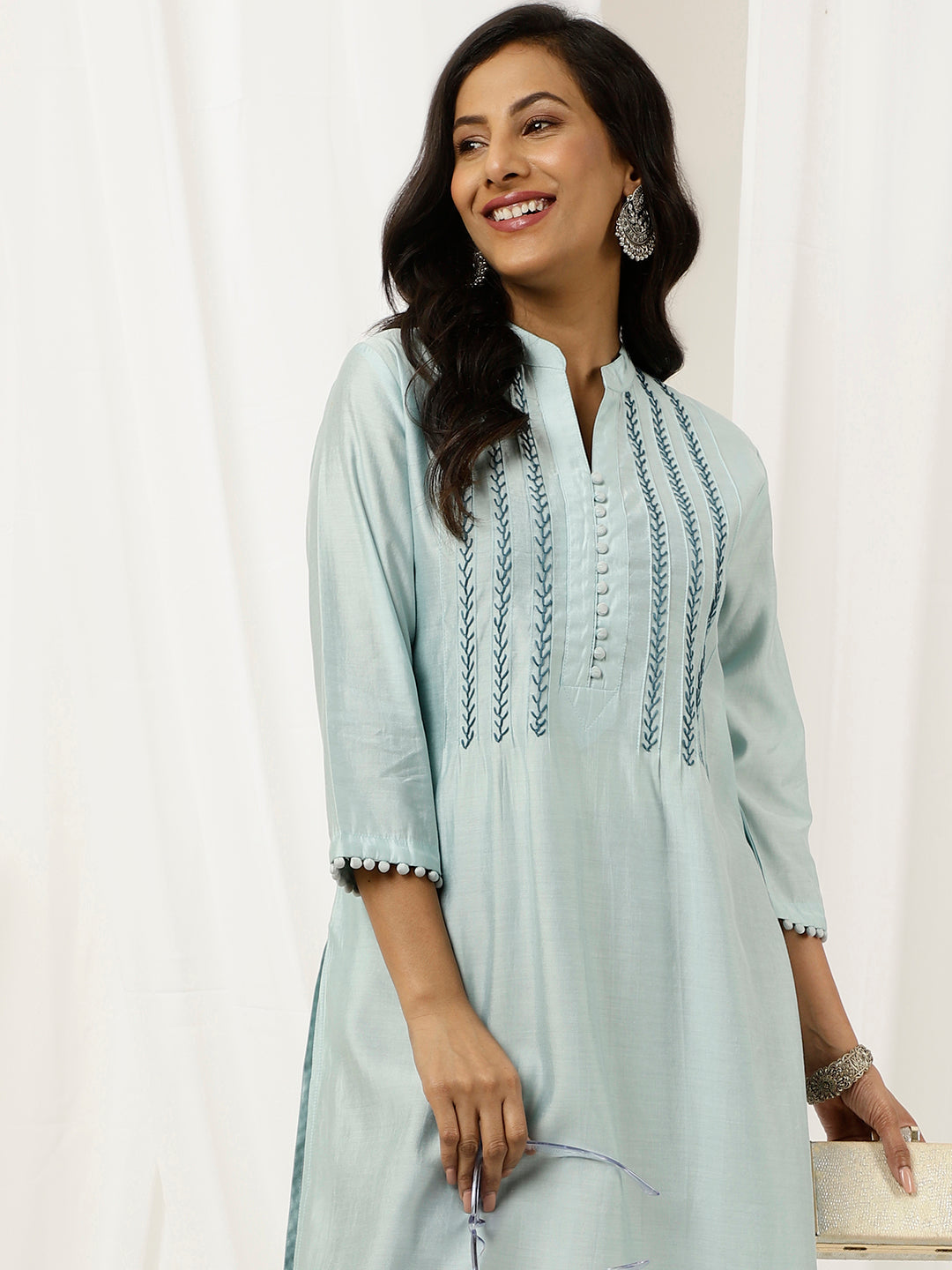 Embroidered Light Blue Pintuck Straight Kurta